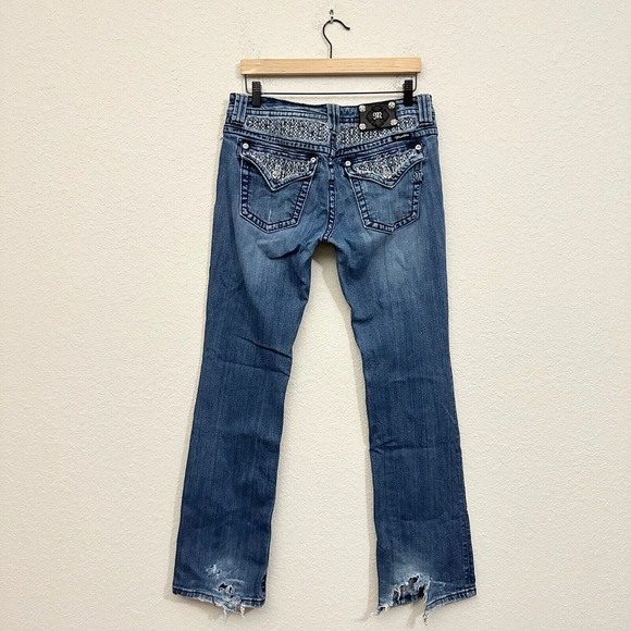 MISS ME Distressed Bootcut Jeans w Flap Pockets Rhinestone Gems #JP6122B - Picture 6 of 16